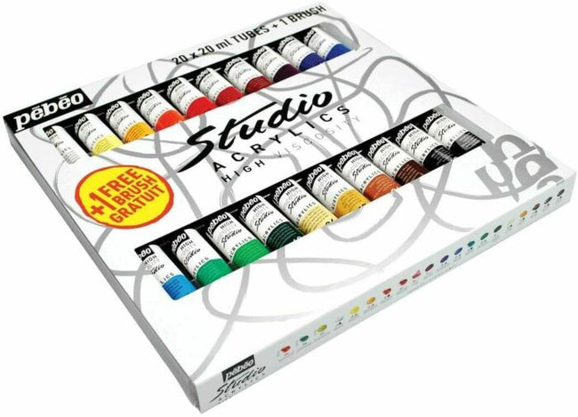 Pebeo 20 ml Studio Acrylics Assorted Tubes with Brush, Set of 20