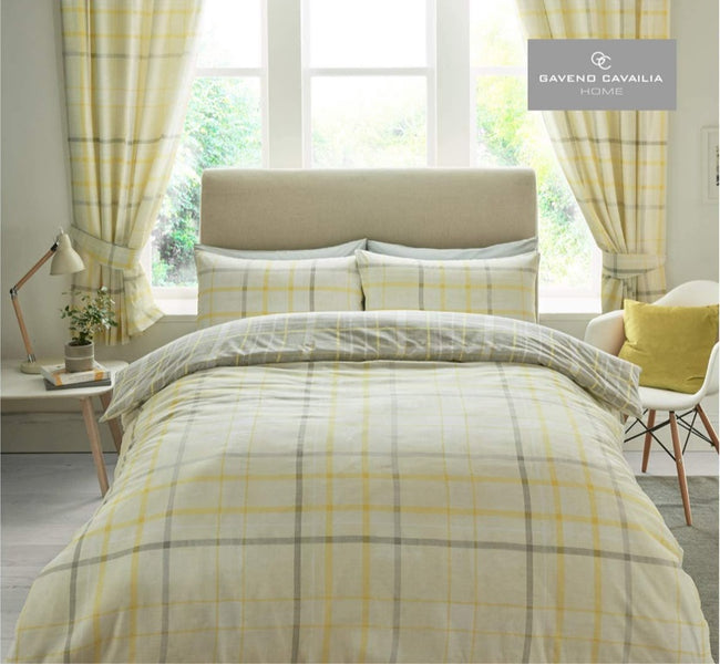 GAVENO CAVAILIA Hartley Check Duvet Cover, Reversible Soft & Cosy Quilt Bedding Set, Bedroom Accessory Mustard Double Size Polycotton