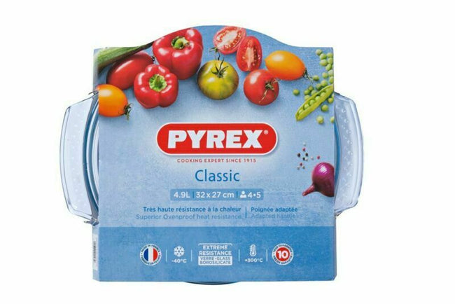 Pyrex Classic Easy Grip Glass Round Casserole Dish with Lid 4.9L