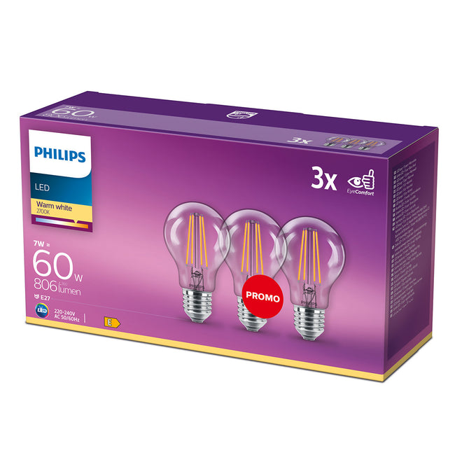 Philips Led Flmt 60W A60 E27 3PK Warm White