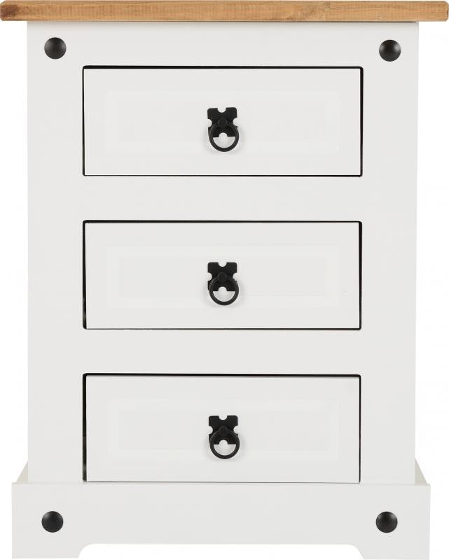 Corona 3 Drawer Bedside Chest in White/Distressed Waxed Pine