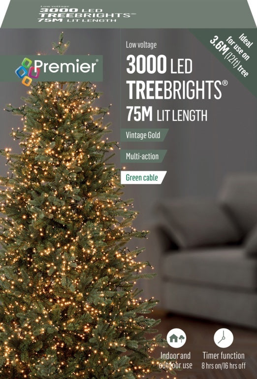 Premier 3000 Multi-function Christmas LED Lights - 5m Vintage Gold