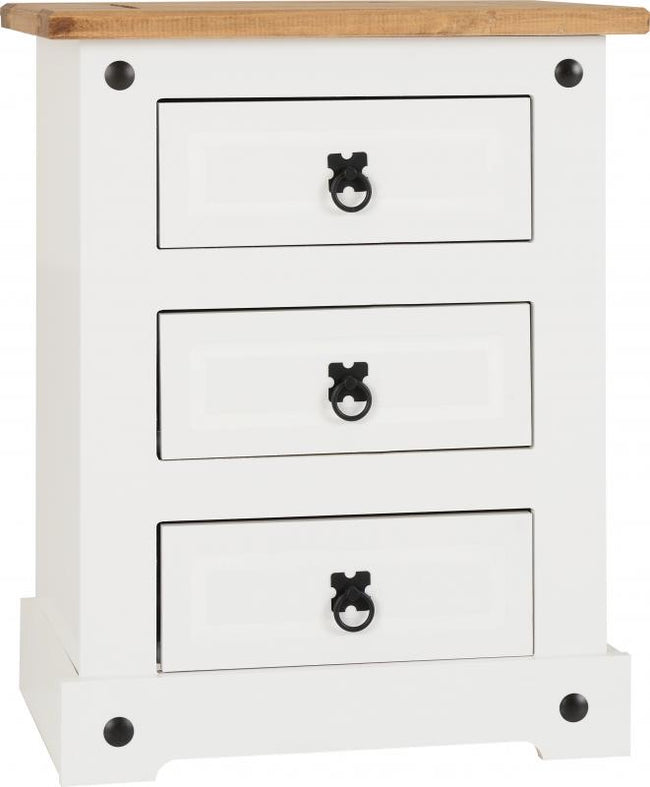 Corona 3 Drawer Bedside Chest in White/Distressed Waxed Pine