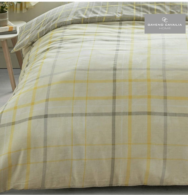 GAVENO CAVAILIA Hartley Check Duvet Cover, Reversible Soft & Cosy Quilt Bedding Set, Bedroom Accessory Mustard Double Size Polycotton