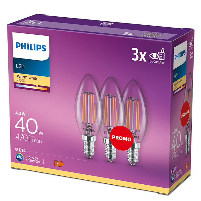 Philips Led 40w B35 SES 3PK Warm White