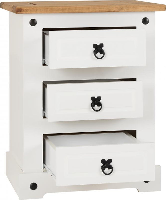 Corona 3 Drawer Bedside Chest in White/Distressed Waxed Pine