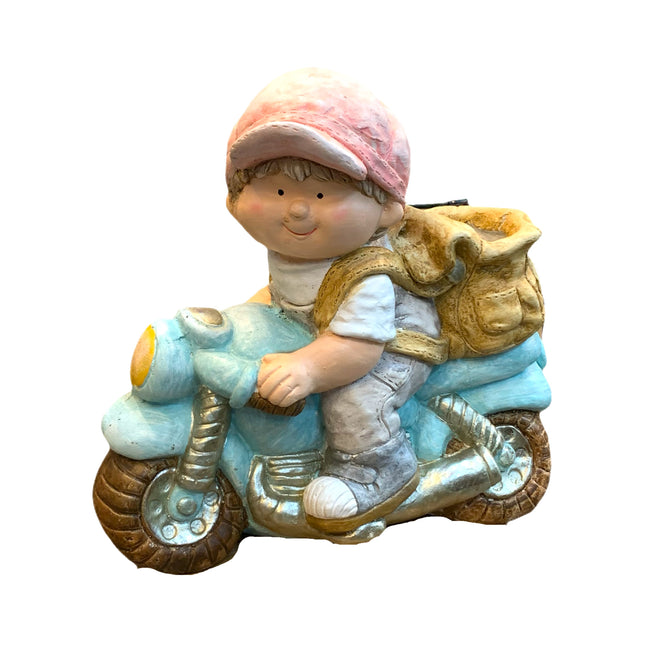 Garden decor boy moped flower pot