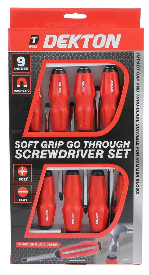 9pc Soft Grip Go Through Screwdriver Set Impact Cap Hammer Thru-Blade Magnetic