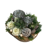 Christmas Candle Holder White Rose and Pinecone Double