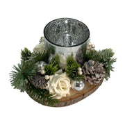 Christmas Candle Holder White Rose and Pinecone Single 21CM