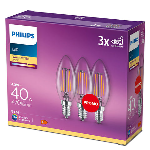 Philips Led 40w  B35 SES 3PK Warm White