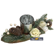 Christmas Candle Holder White Rose and Pinecone Single