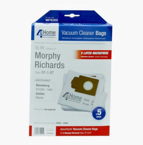 4 YOUR HOME MORPHY RICHARDS MFB205 PACK OF 5 MICROFIBRE DUSTBAGS