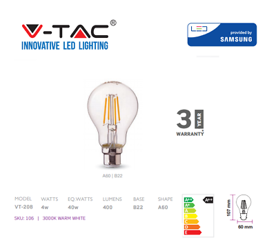 V-TAC LED A60 BULB CLEAR-FILAMENT